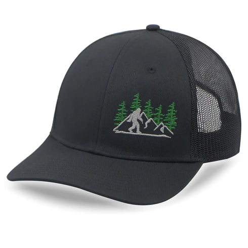 Black mesh cap with embroidered design of a mountain, trees, and a silhouette on a white background