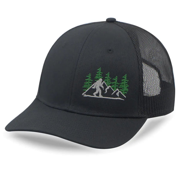 Black mesh cap with embroidered design of a mountain, trees, and a silhouette on a white background