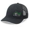 Black mesh cap with embroidered design of a mountain, trees, and a silhouette on a white background