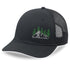 Black mesh cap with embroidered design of a mountain, trees, and a silhouette on a white background
